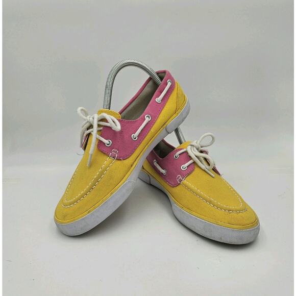 RALPH LAUREN POLO Shoes Women's Size 7.5 Canvas Deck Yellow Pink Slip On Casual - Picture 1 of 7